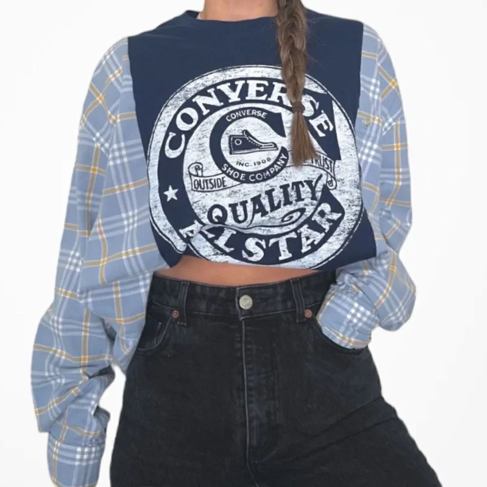 Reworked Upcycled Blue Oversized Baggy Converse Two Tone Long Sleeve Plaid Shirt